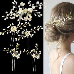 🆕Women Gold Hair Comb and 4 Pins Bridal Pearl Crystal Wedding Hair Comb
